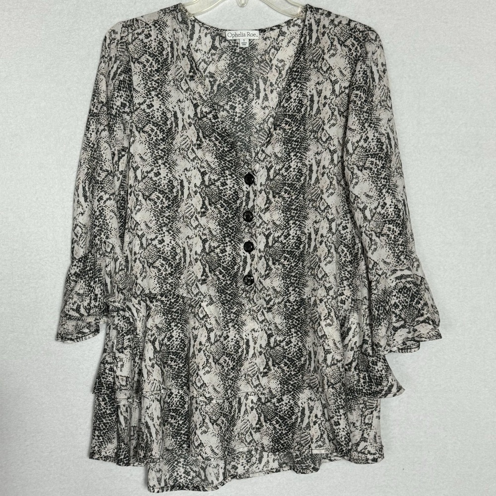 Ophelia Roe‎ Blouse Womens Small Black Snake Print V Neck Bell Sleeve Tunic Top